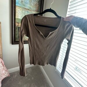 Brandy Melville Brown Plunge V-Neck Long Sleeve Ribbed Top
